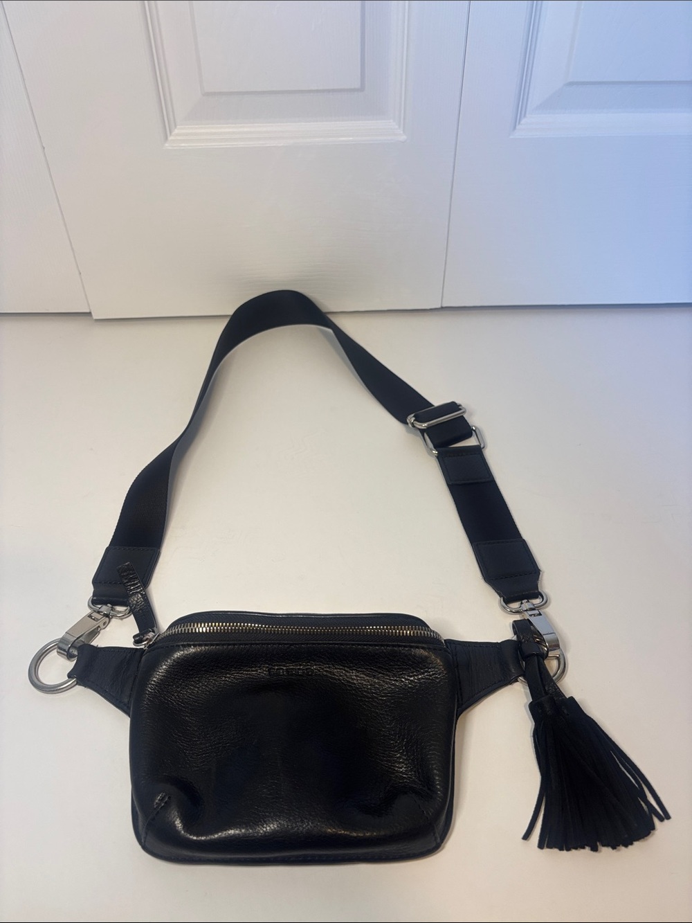 The Trend Black Leather Belt Bag Crossbody Fanny Pack Wide Strap Tassel Italy